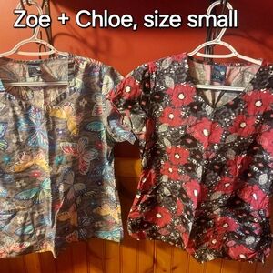 Zoe + Chloe Butterfly and Floral Scrub Tops - Small